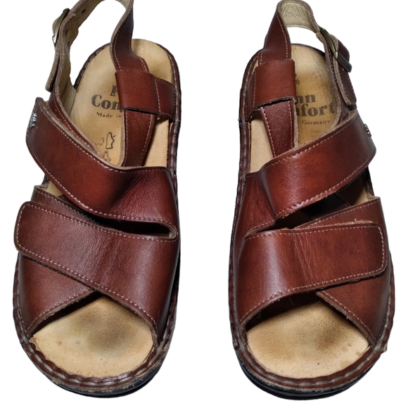 Finn Comfort Sandals Red Leather Slingback Low Wedge Adjustable Peep Size 38 - Picture 2 of 14